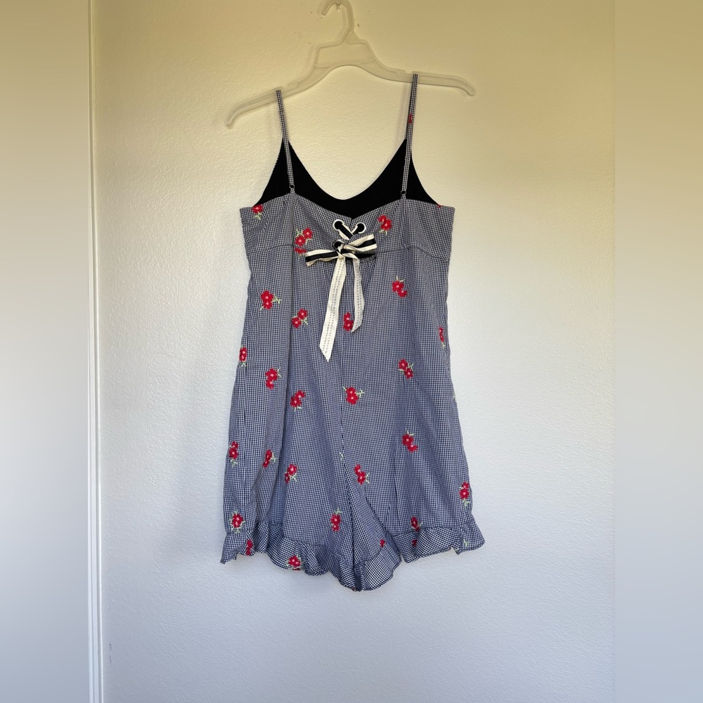 Chelsea & Violet Black-and-White Gingham romper with Red Floral Accents - Picture 6 of 15